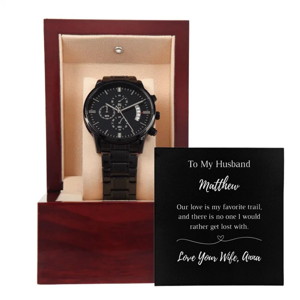 Our Love Is My Favorite Trail - Personalized Metallic Watch and Message Card