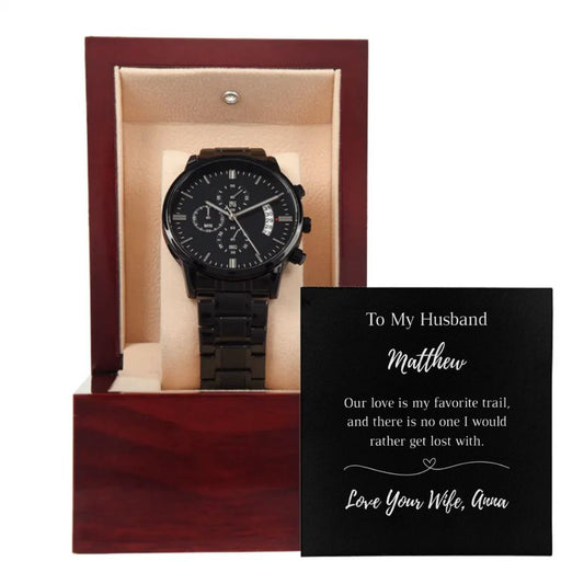 Our Love Is My Favorite Trail - Personalized Metallic Watch and Message Card