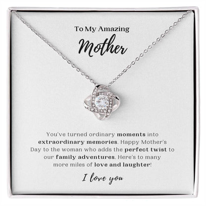 To My Amazing Mother - White Gold Love Knot Necklace and Message Card
