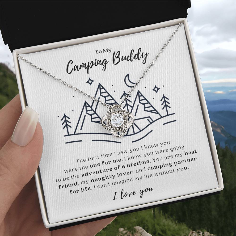 To My Camping Buddy - White Gold Love Knot Necklace and Message Card