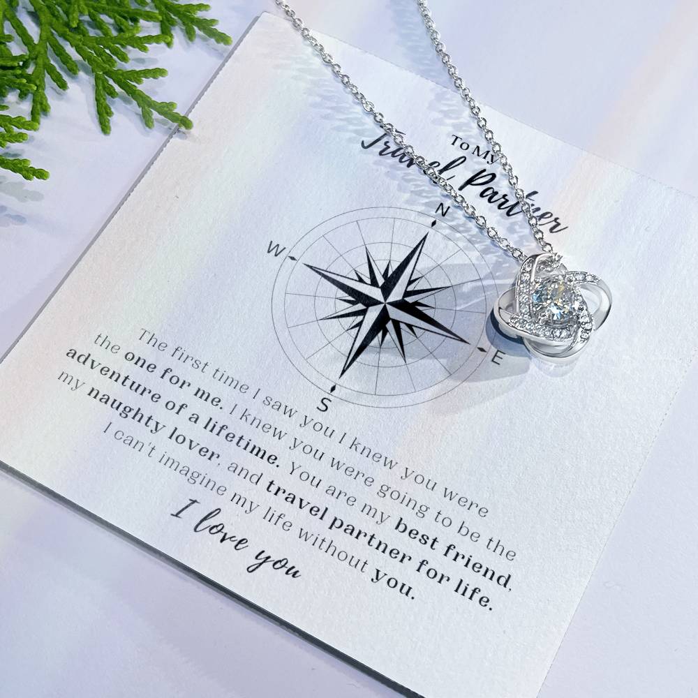 To My Travel Partner - White Gold Love Knot Necklace and Message Card