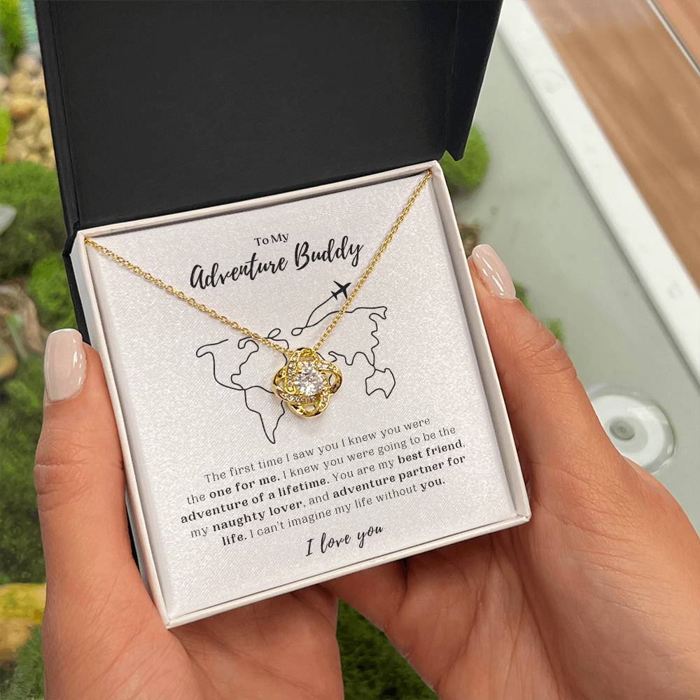 To My Adventure Buddy - Yellow Gold Love Knot Necklace and Message Card