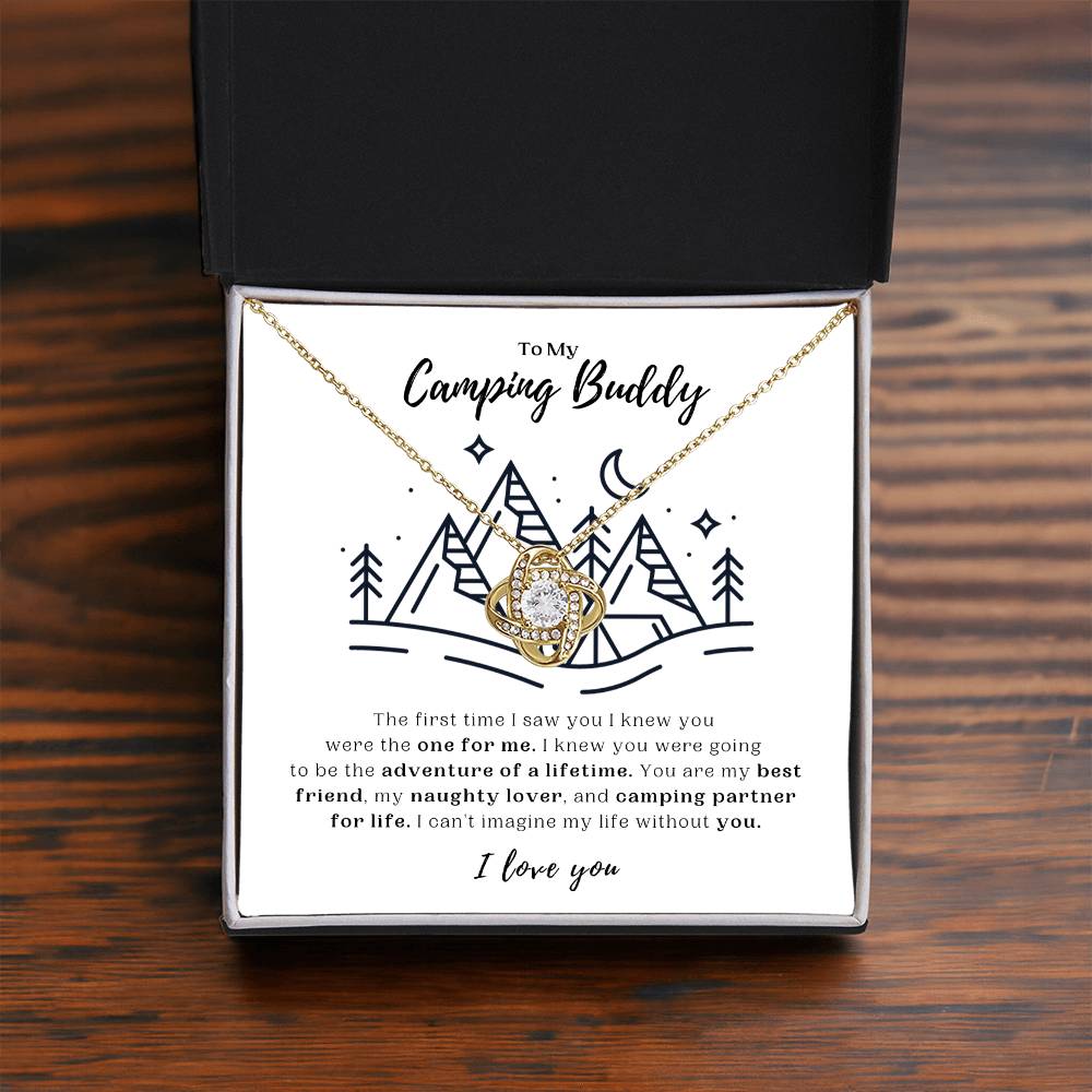 To My Camping Buddy - Yellow Gold Love Knot Necklace and Message Card